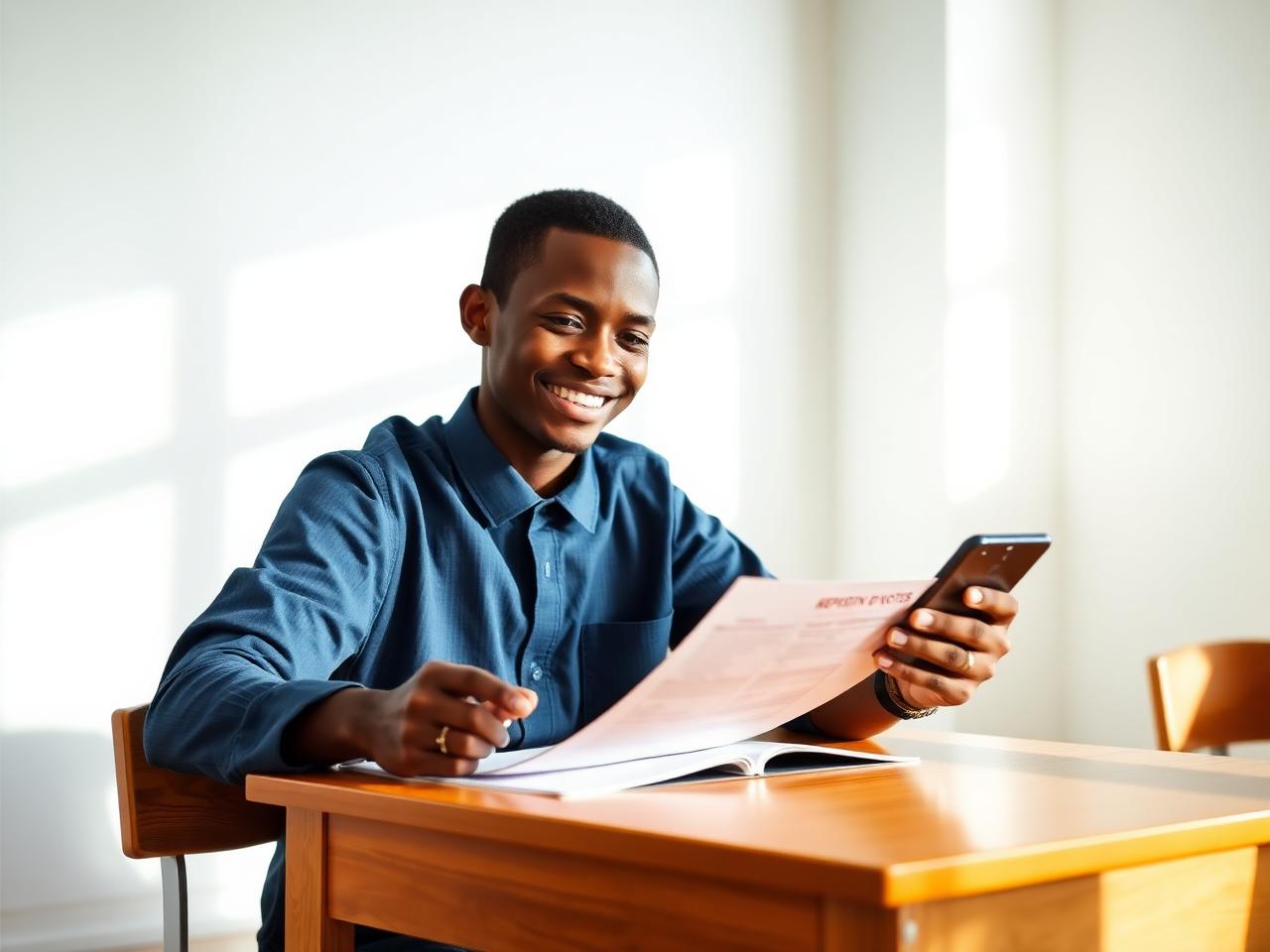 Élève sénégalais consultant son bulletin de notes et son téléphone
