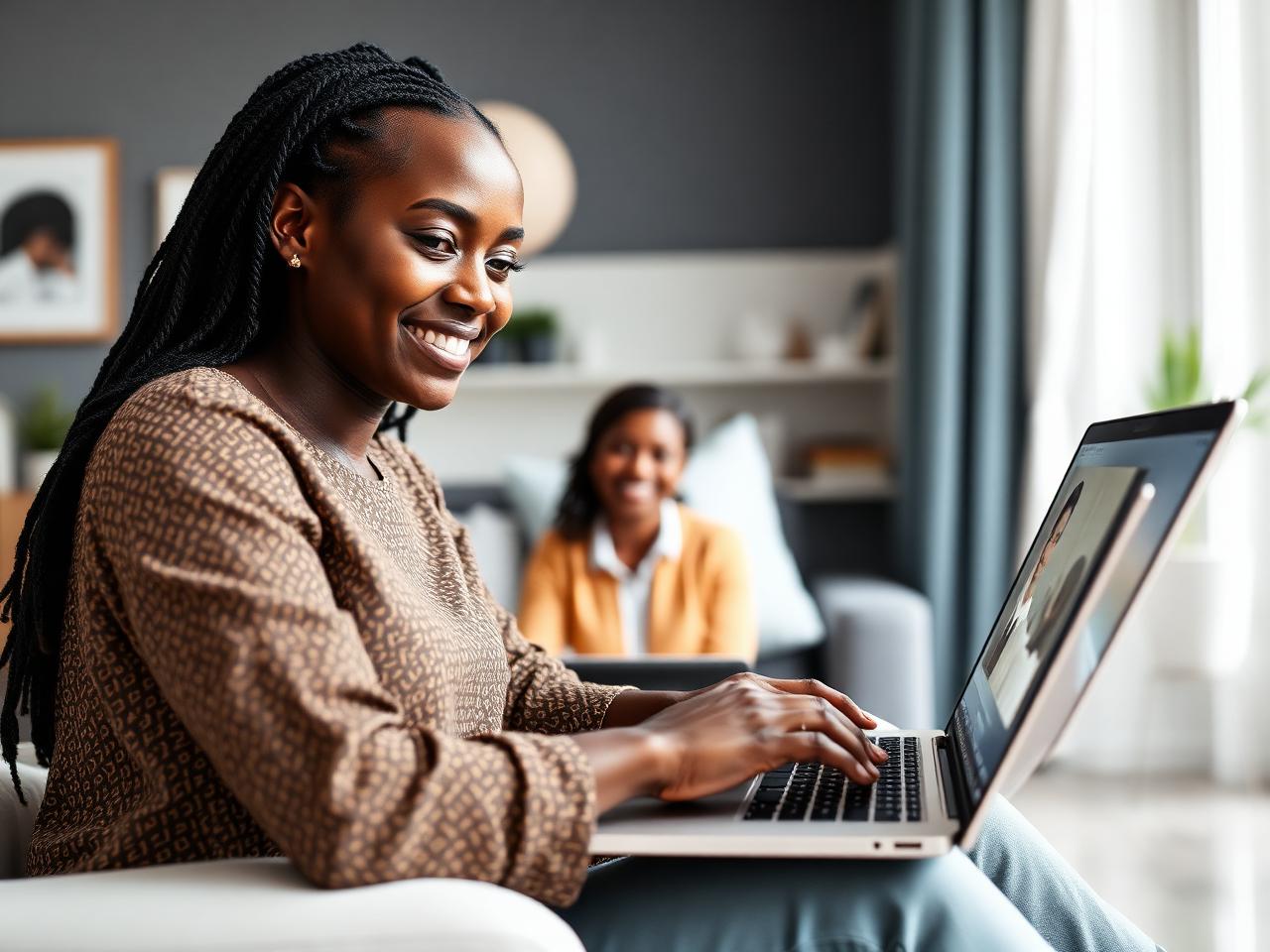 Jeune sénégalaise en entretien d'orientation en ligne avec une conseillère