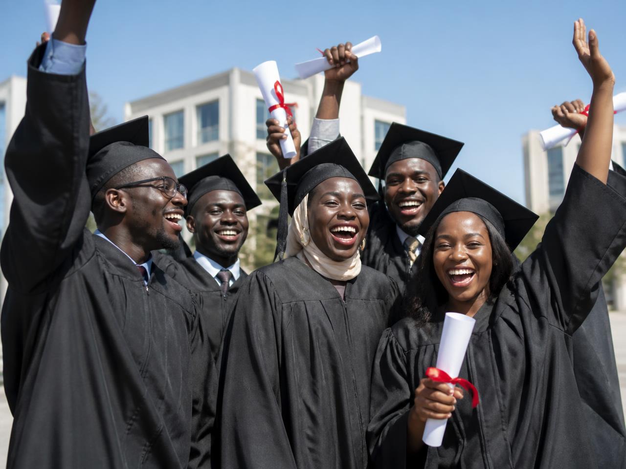 Étudiants sénégalais diplômés célébrant leur réussite sur un campus